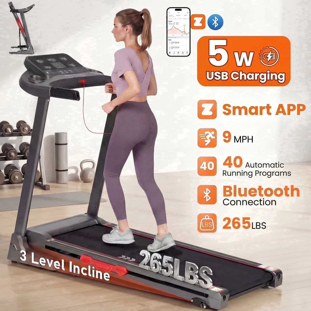 Treadmill for Home with 3 Level Manual Incline Smart APP USB Charging Foldable Running Electric Treadmill Gym — product view 12