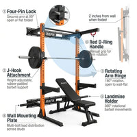 2.36'' X 2.36'' Folding Squat Rack for Home Gym, Wall Mounted Squat Rack with Attachments - Space Saving Squat Power Rack — product view 3