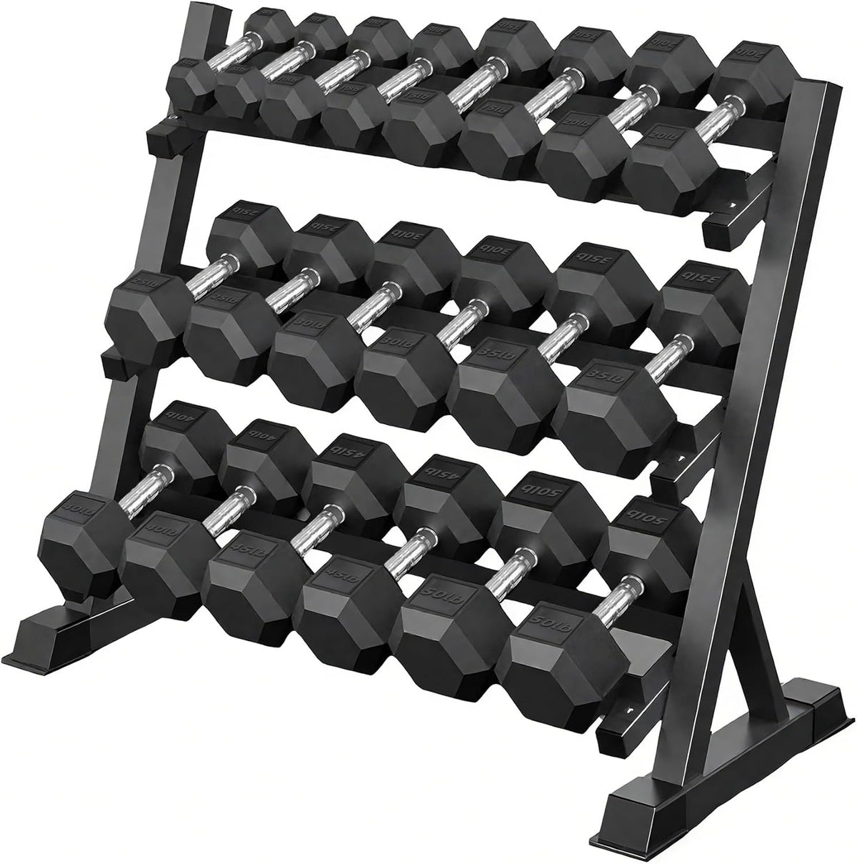 9 Pair Iron and Rubber-Coated Dumbbell Set (450 lbs), 5-45 lbs Hand-Held Free Weights for Strength Training, Hexagonal Rubber Weights with Vertical Storage Rack, Fitness Home Gym Equipment