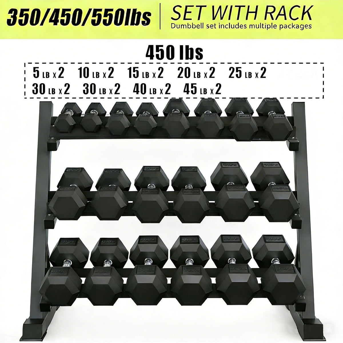 9 Pair Iron and Rubber-Coated Dumbbell Set (450 lbs), 5-45 lbs Hand-Held Free Weights for Strength Training, Hexagonal Rubber Weights with Vertical Storage Rack, Fitness Home Gym Equipment