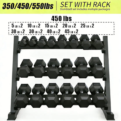 9 Pair Iron and Rubber-Coated Dumbbell Set (450 lbs), 5-45 lbs Hand-Held Free Weights for Strength Training, Hexagonal Rubber Weights with Vertical Storage Rack, Fitness Home Gym Equipment
