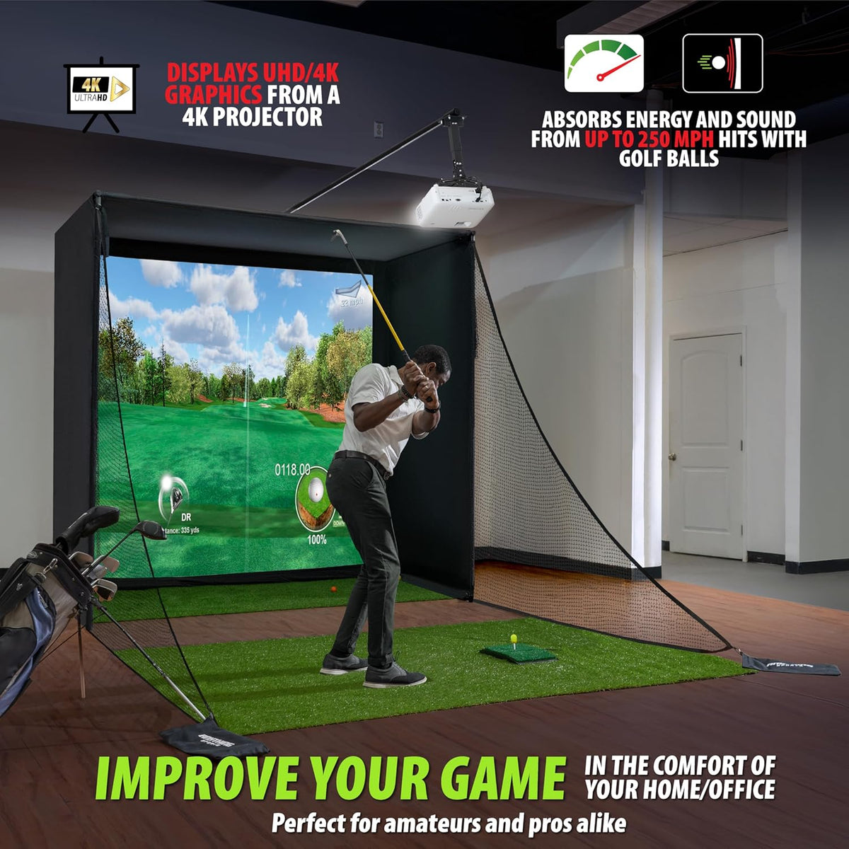 Complete Golf Simulator Enclosure Package – 4K-Ready Impact Screen with Blackout Cage, Projector Mount, Frame Poles, Side Shank Nets | Indoor & Garage Practice | Easy Setup | 12-Month Warranty — product view 3