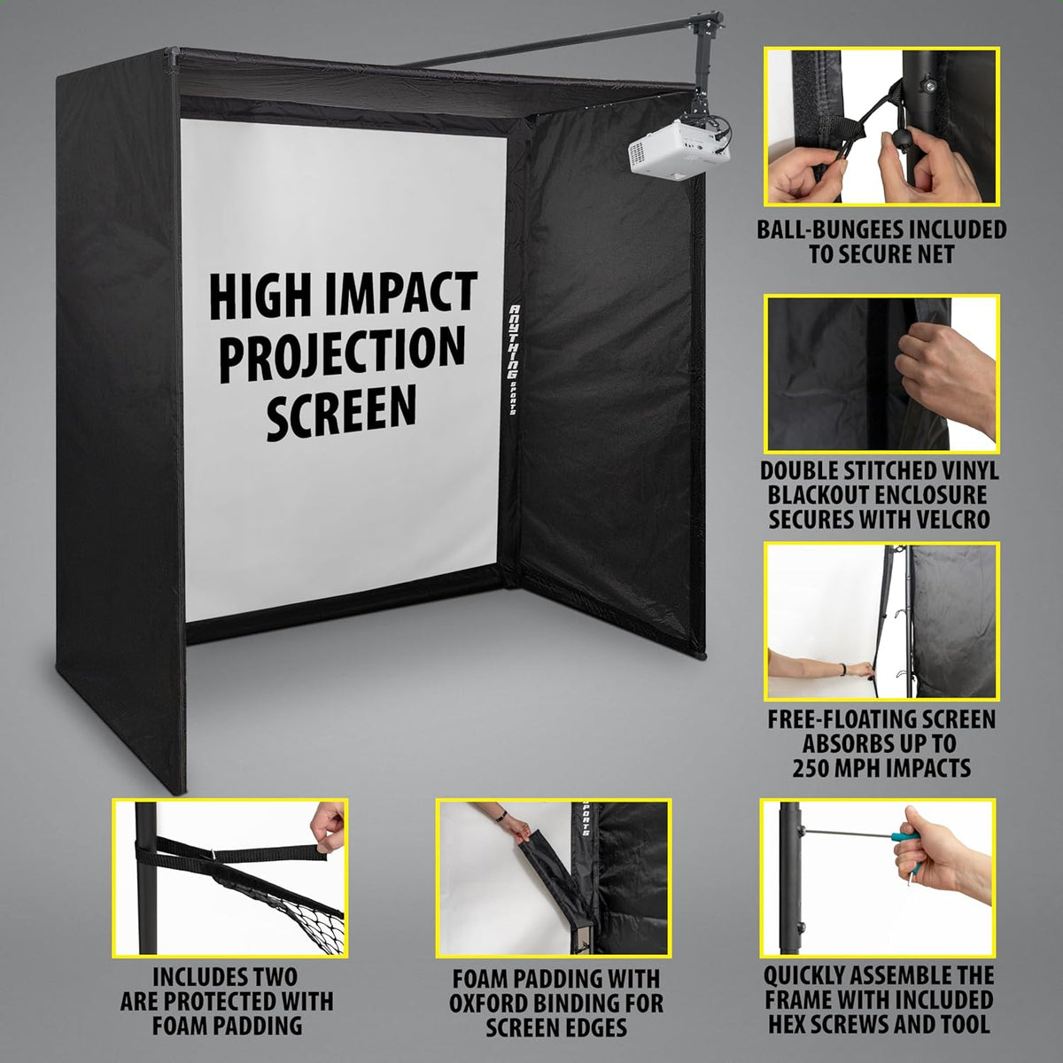 Complete Golf Simulator Enclosure Package – 4K-Ready Impact Screen with Blackout Cage, Projector Mount, Frame Poles, Side Shank Nets | Indoor & Garage Practice | Easy Setup | 12-Month Warranty — product view 4