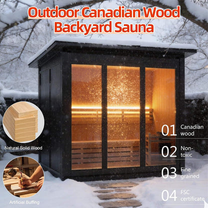Custom 8-Person Luxury Canadian Red Cedar Outdoor Steam Sauna With Double-Back Bench, Heater And Stones [Made-To-Order] (SAK13492)
