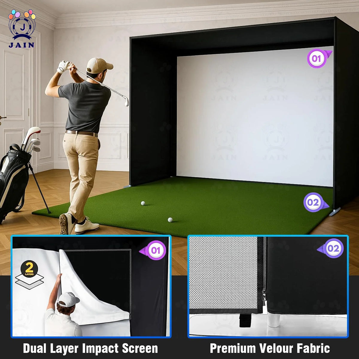 Golf Simulator Enclosure with Impact Screen Aluminum Frame and Hitting Net Enclosed Display Screen for for Indoor Golf Training — product view 4