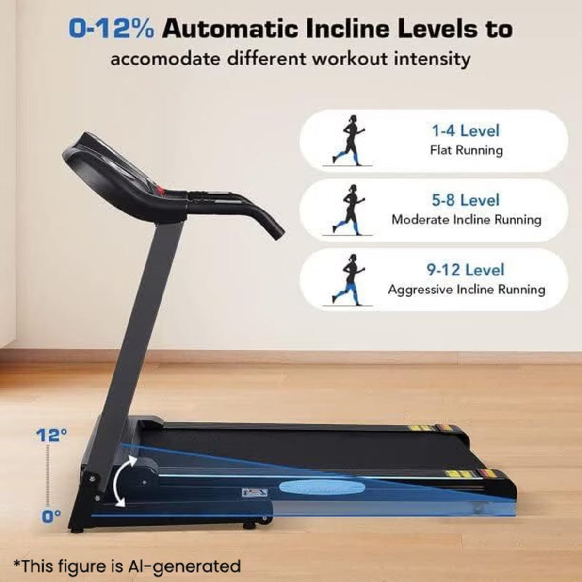 Treadmill with Auto 12Level Incline 15 Preset Foldable Treadmill 2.5 Horse Power Exercise Machine for Home Office Workout — product view 3
