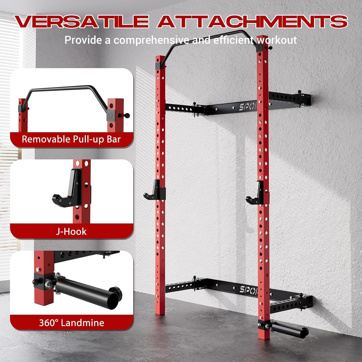 Wall Mounted Squat Rack, Foldable, 1100 LBS, Red/Black — product view 2