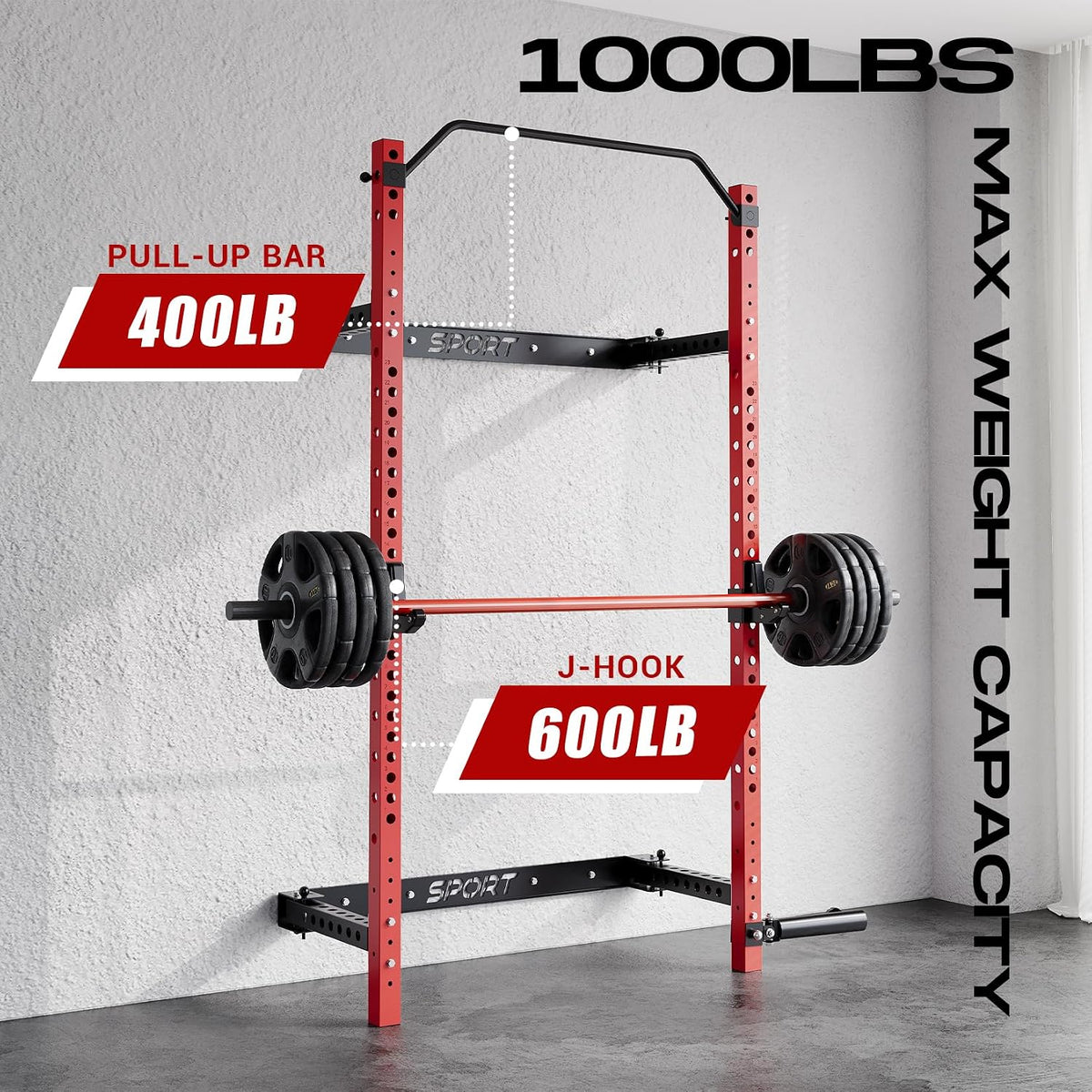 Wall Mounted Squat Rack, Foldable, 1100 LBS, Red/Black — product view 3