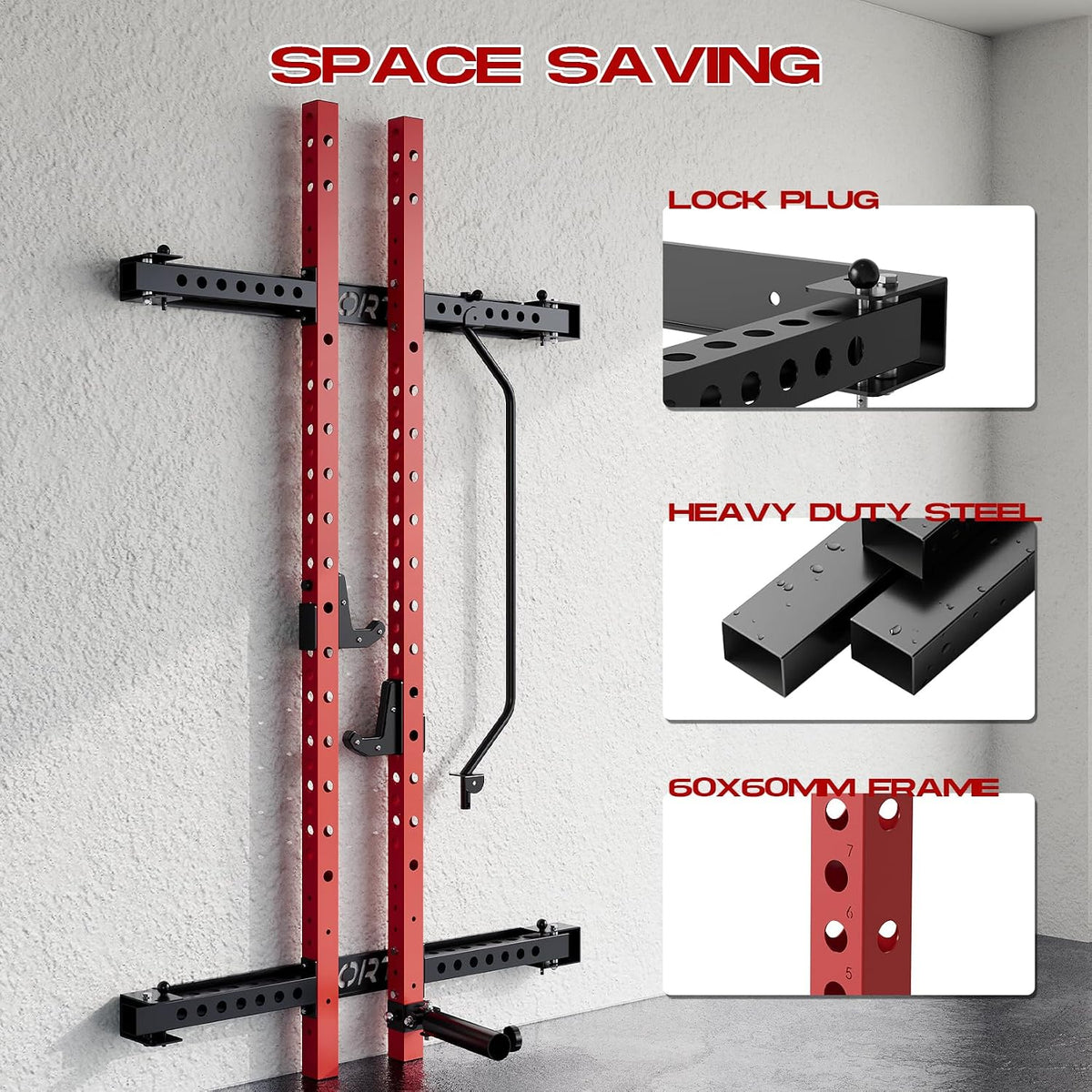 Wall Mounted Squat Rack, Foldable, 1100 LBS, Red/Black — product view 5