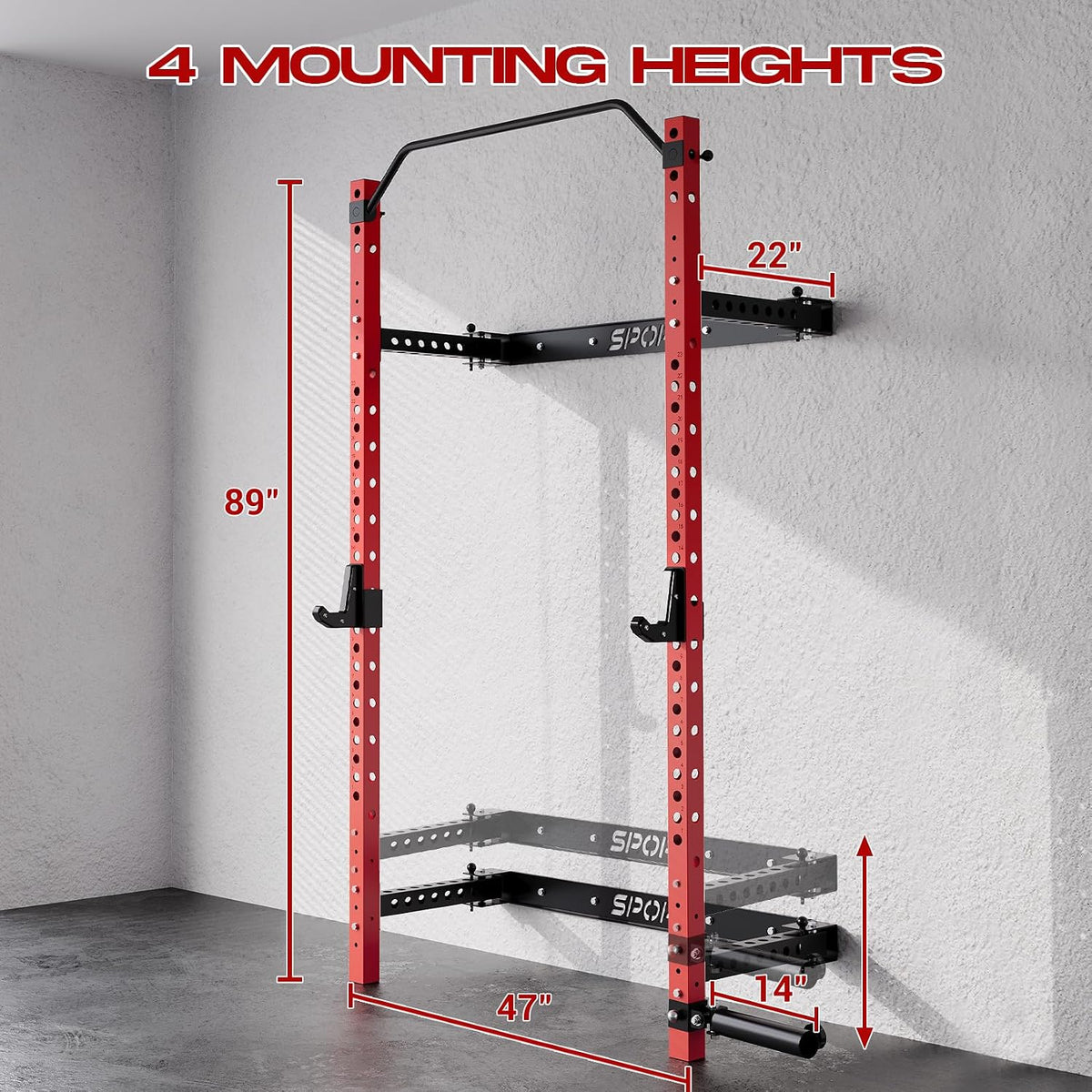 Wall Mounted Squat Rack, Foldable, 1100 LBS, Red/Black — product view 6