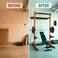 2.36'' X 2.36'' Folding Squat Rack for Home Gym, Wall Mounted Squat Rack with Attachments - Space Saving Squat Power Rack — Before & After