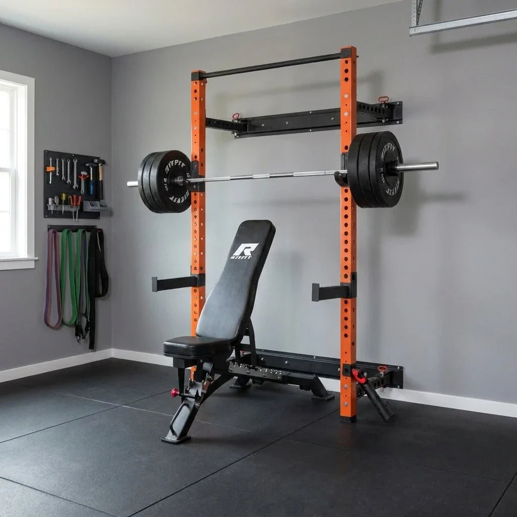 2.36'' X 2.36'' Folding Squat Rack for Home Gym, Wall Mounted Squat Rack with Attachments - Space Saving Squat Power Rack — Studio Shot