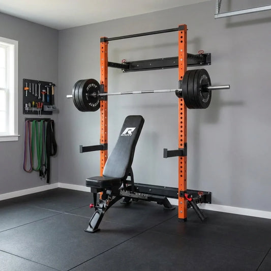 2.36'' X 2.36'' Folding Squat Rack for Home Gym, Wall Mounted Squat Rack with Attachments - Space Saving Squat Power Rack — Studio Shot