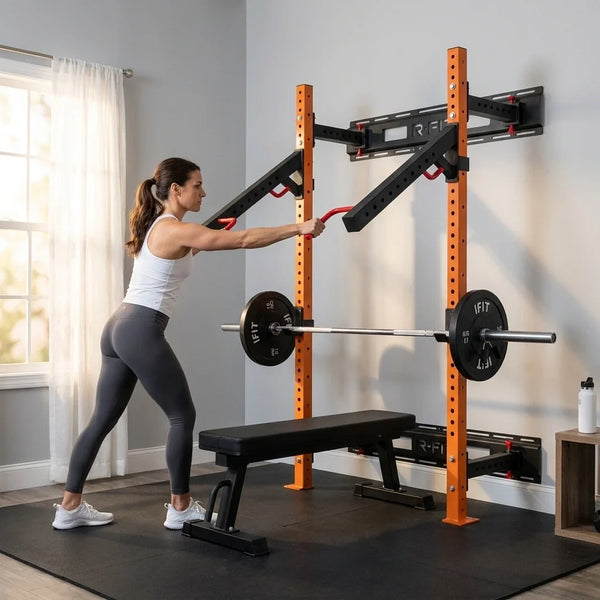 Folding Squat Rack Built for Home Gyms, Wall Mounted Design, 1000 lb Capacity, Multi-Exercise Attachments
